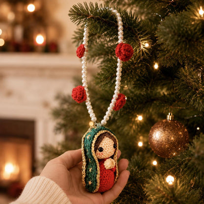 Crochet Virgin Mary Ornament, Catholic Christmas Tree Decor, Floral Religious Hanging, Handmade Guadalupe Gift, Christian Holiday Decoration