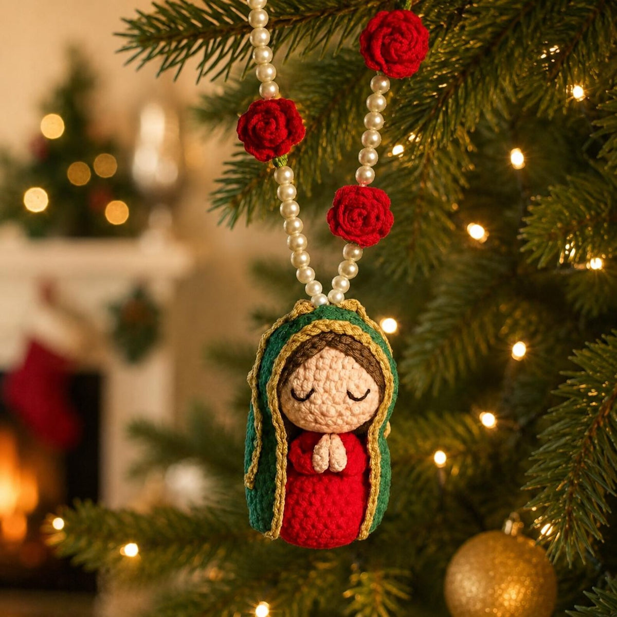 Crochet Virgin Mary Ornament, Catholic Christmas Tree Decor, Floral Religious Hanging, Handmade Guadalupe Gift, Christian Holiday Decoration