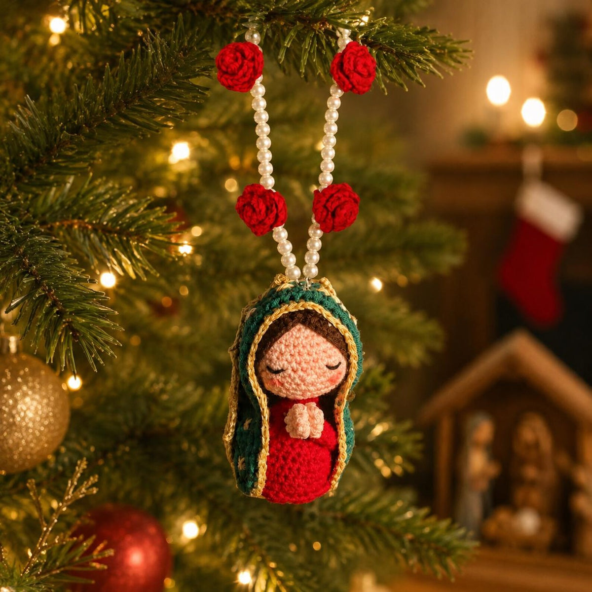 Crochet Virgin Mary Ornament, Catholic Christmas Tree Decor, Floral Religious Hanging, Handmade Guadalupe Gift, Christian Holiday Decoration