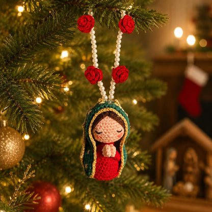 Crochet Virgin Mary Ornament, Catholic Christmas Tree Decor, Floral Religious Hanging, Handmade Guadalupe Gift, Christian Holiday Decoration