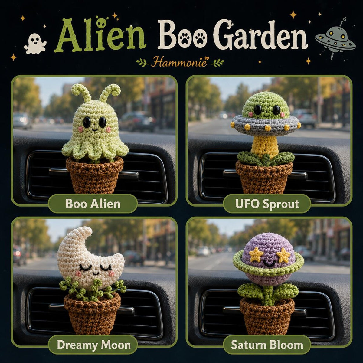 Alien Crochet Car Vent Clip, Halloween Space Car Decor, Cute Car Charm, Handmade Spooky Car Accessory, Alien Boo Garden