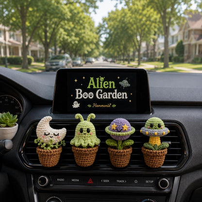 Alien Crochet Car Vent Clip, Halloween Space Car Decor, Cute Car Charm, Handmade Spooky Car Accessory, Alien Boo Garden