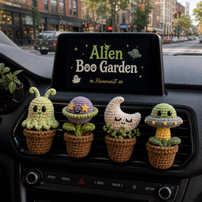 Alien Crochet Car Vent Clip, Halloween Space Car Decor, Cute Car Charm, Handmade Spooky Car Accessory, Alien Boo Garden
