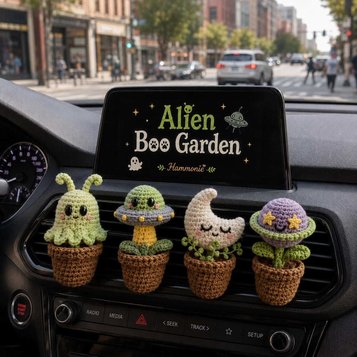 Alien Crochet Car Vent Clip, Halloween Space Car Decor, Cute Car Charm, Handmade Spooky Car Accessory, Alien Boo Garden