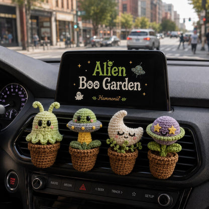 Alien Crochet Car Vent Clip, Halloween Space Car Decor, Cute Car Charm, Handmade Spooky Car Accessory, Alien Boo Garden