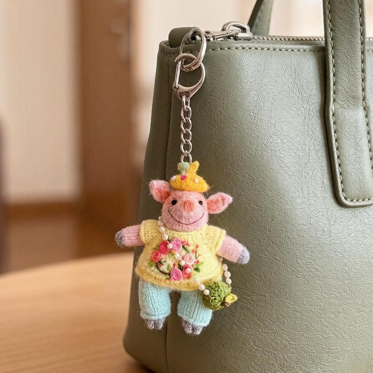 Artisan knit piglet sculpted piece, tabletop adornments, pocket carry figurines, hobbyist display statuettes, Yuletide table accents