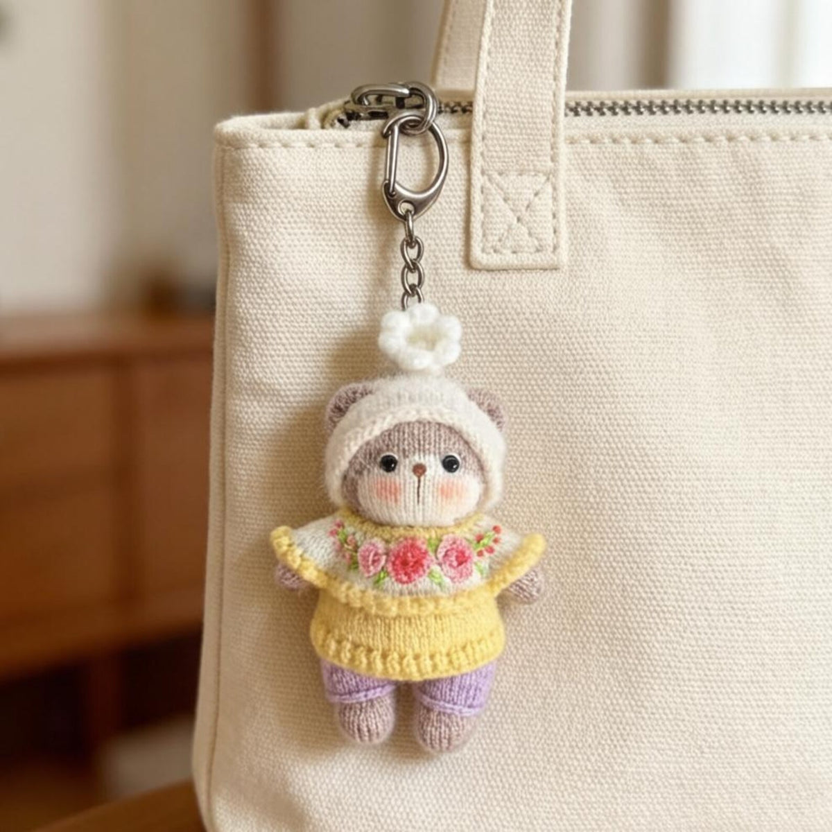 Artisan knit bear sculpted pieces, hanging ornamental charms, tabletop adornments, juvenile gathering souvenirs, Yuletide table accents
