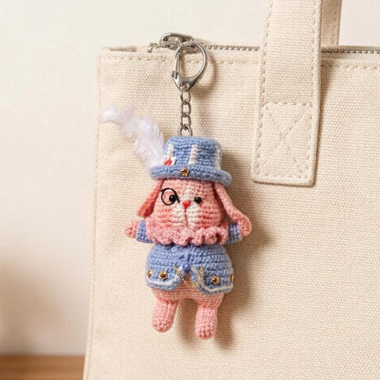 Artisan knit hare sculpted pieces, tabletop adornments, keychain hanging trinkets, imaginative juvenile souvenirs, Yuletide table accents