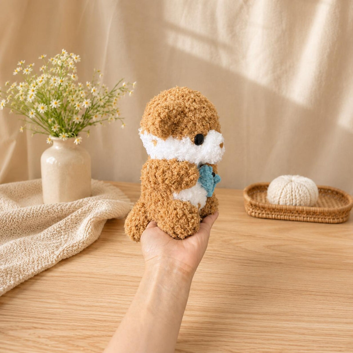 Handmade Crochet Otter Plush Holding Fish, Amigurumi Stuffed Animal Toy