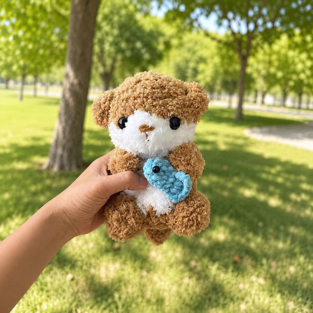 Handmade Crochet Otter Plush Holding Fish, Amigurumi Stuffed Animal Toy