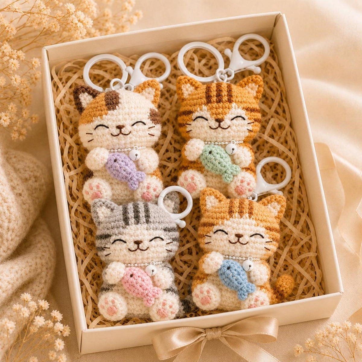 Crochet Cat Keychain – Handmade Amigurumi Cat Keyring, Cute Plush Keychain, Kawaii Bag Charm, Mini Crochet Animal Keychain