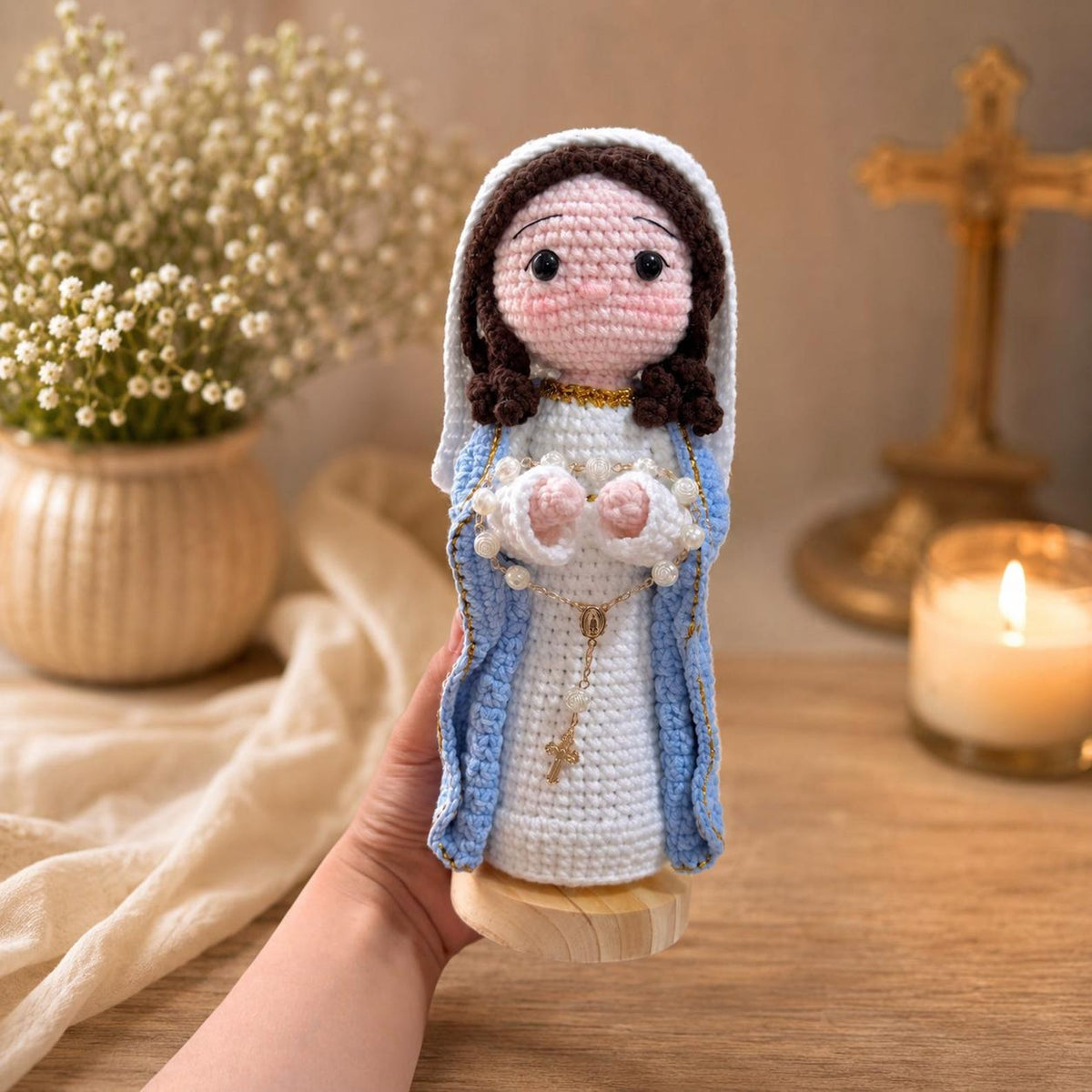Virgin Mary Crochet Doll, Handmade Catholic Altar Decor, Queen of Heaven Rosary Gift for Mom, Religious Prayer Figure