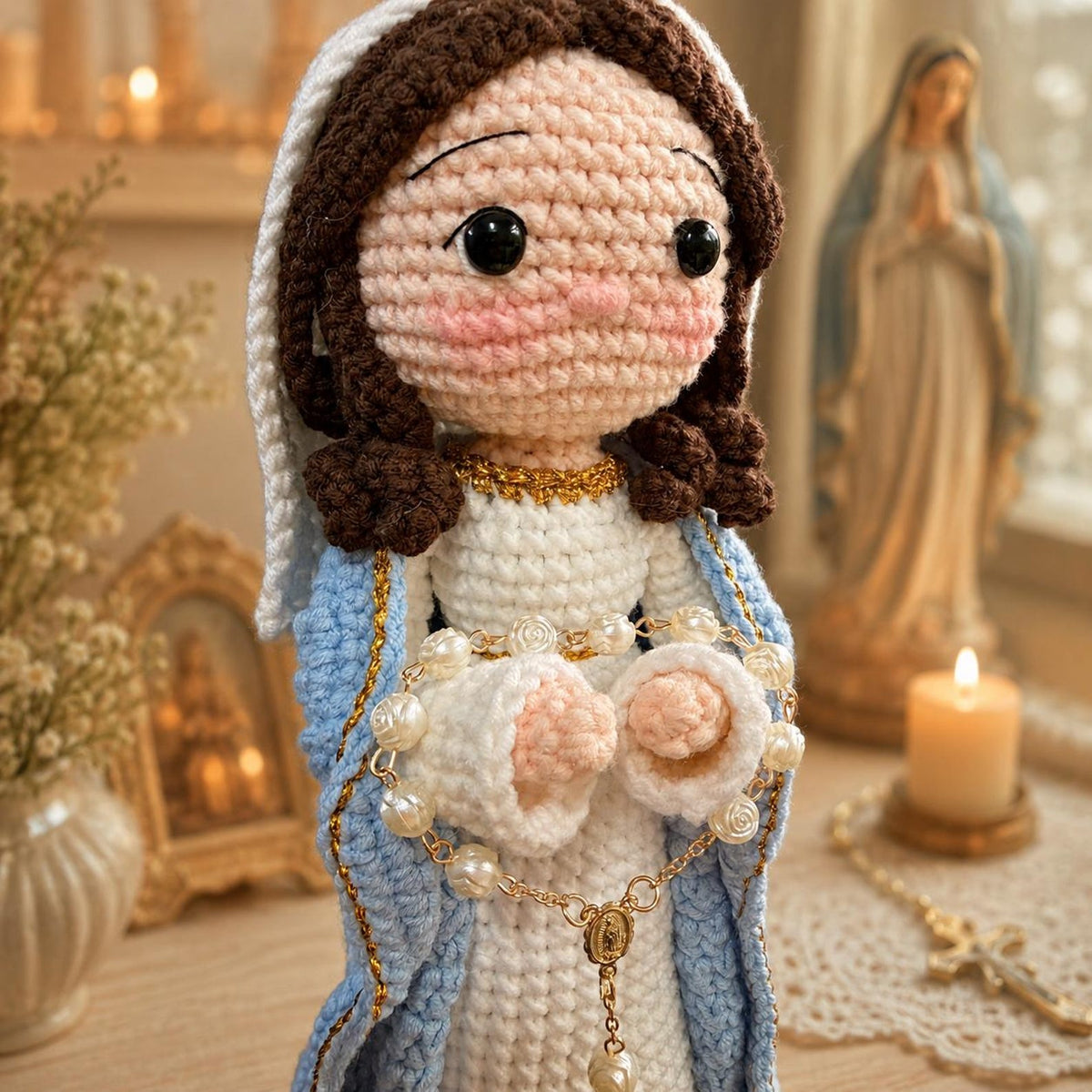 Virgin Mary Crochet Doll, Handmade Catholic Altar Decor, Queen of Heaven Rosary Gift for Mom, Religious Prayer Figure