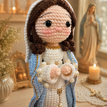 Virgin Mary Crochet Doll, Handmade Catholic Altar Decor, Queen of Heaven Rosary Gift for Mom, Religious Prayer Figure