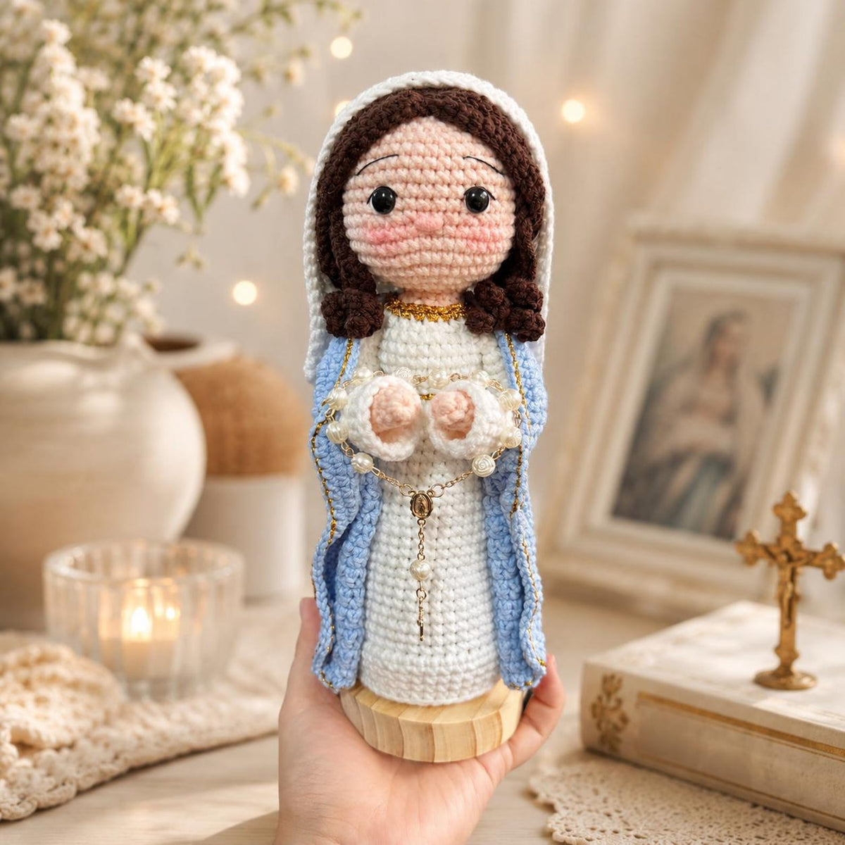 Virgin Mary Crochet Doll, Handmade Catholic Altar Decor, Queen of Heaven Rosary Gift for Mom, Religious Prayer Figure