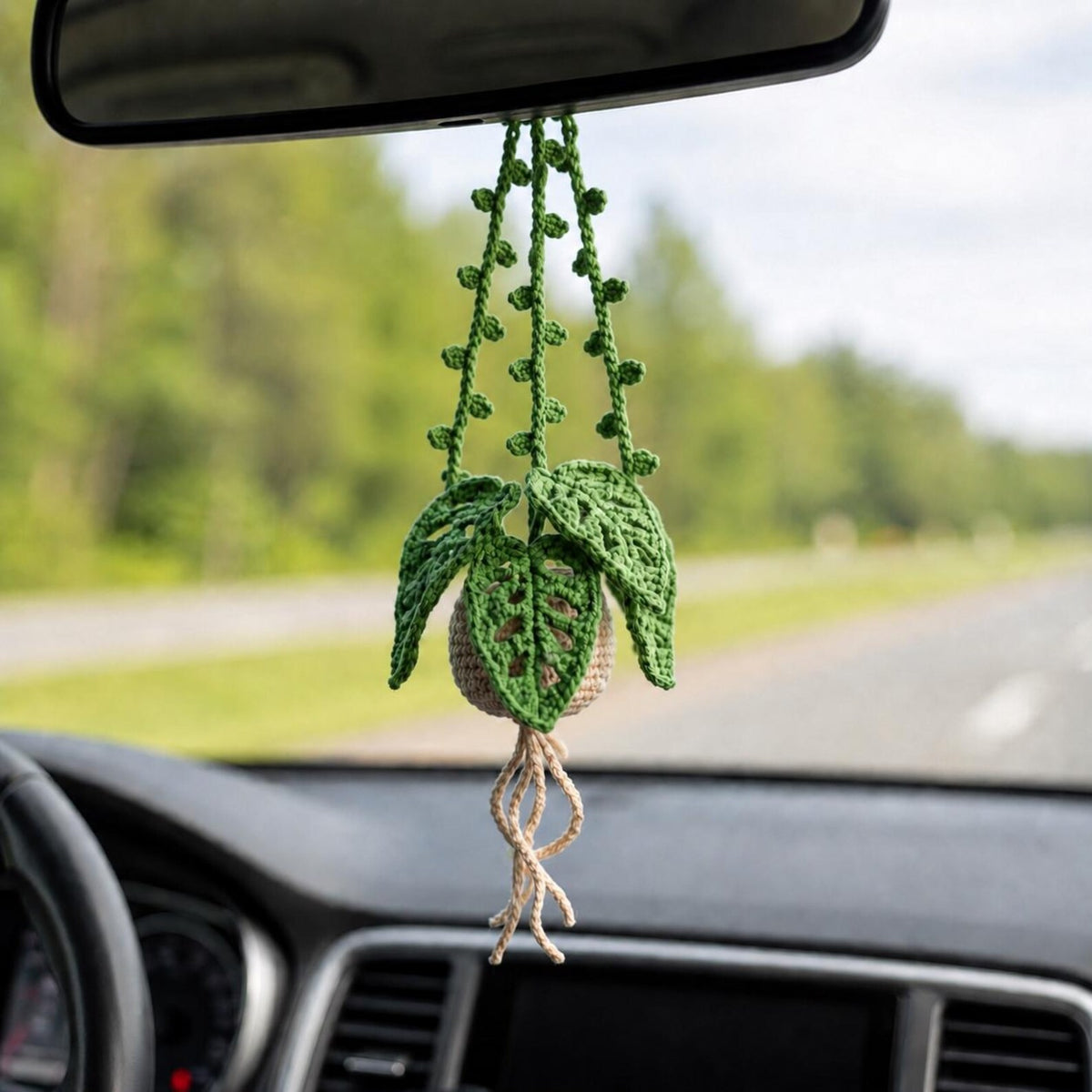Crochet Monstera Hanging Car Plant, Amigurumi Car Charm, Rear View Mirror Accessory, Plant Lover Gift, Boho Car Decor, New Car Gift