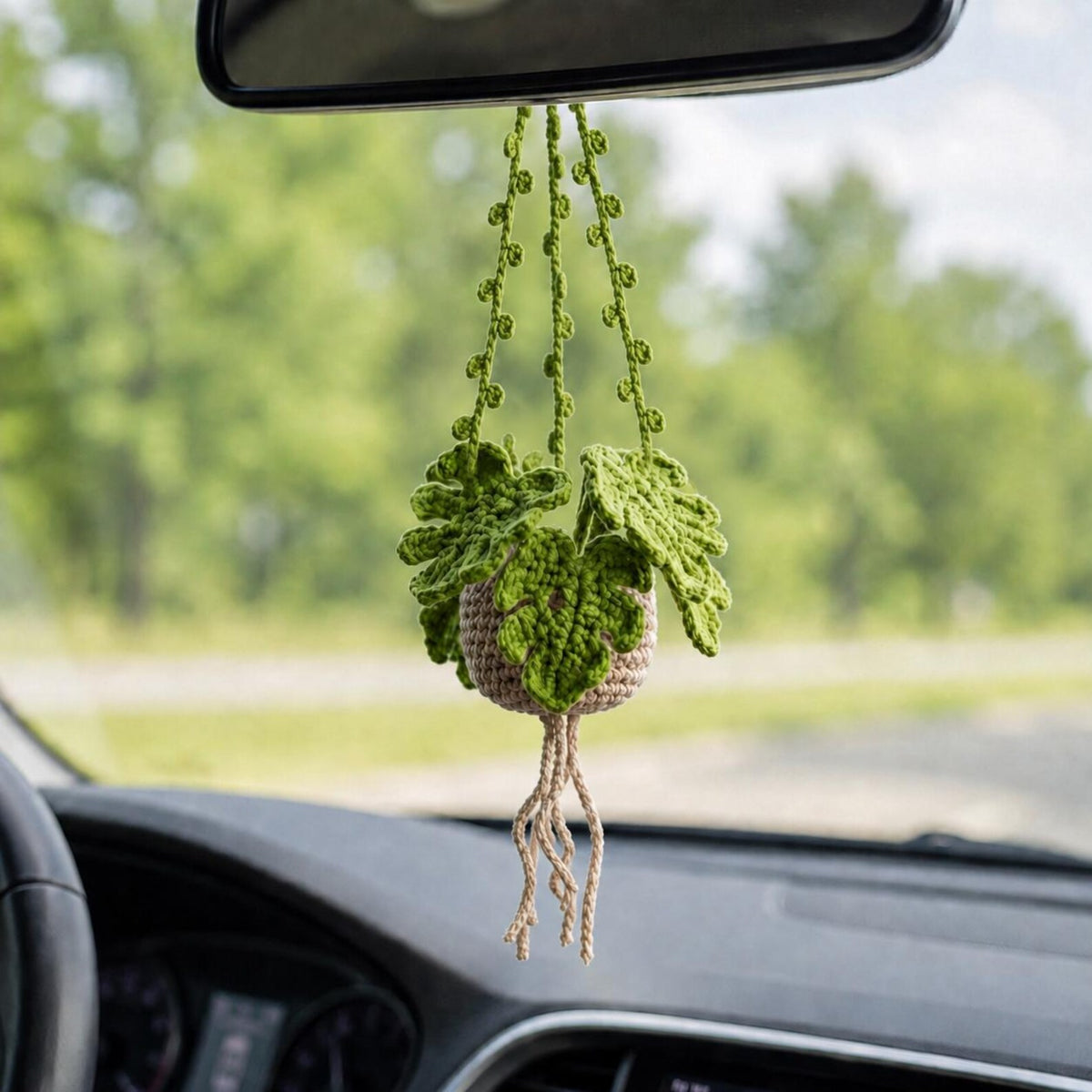 Crochet Monstera Hanging Car Plant, Amigurumi Car Charm, Rear View Mirror Accessory, Plant Lover Gift, Boho Car Decor, New Car Gift