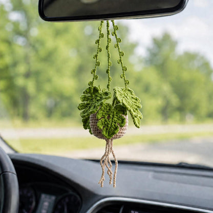 Crochet Monstera Hanging Car Plant, Amigurumi Car Charm, Rear View Mirror Accessory, Plant Lover Gift, Boho Car Decor, New Car Gift