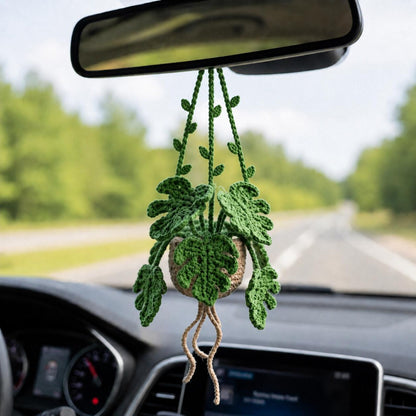 Crochet Monstera Hanging Car Plant, Amigurumi Car Charm, Rear View Mirror Accessory, Plant Lover Gift, Boho Car Decor, New Car Gift