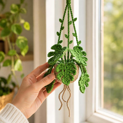 Crochet Monstera Hanging Car Plant, Amigurumi Car Charm, Rear View Mirror Accessory, Plant Lover Gift, Boho Car Decor, New Car Gift