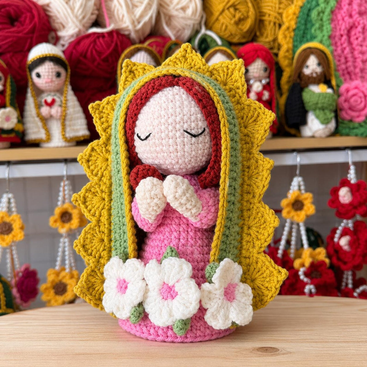 Our Lady of Guadalupe Crochet Doll, Floral Catholic Altar Decor, Prayer Gift for Mom