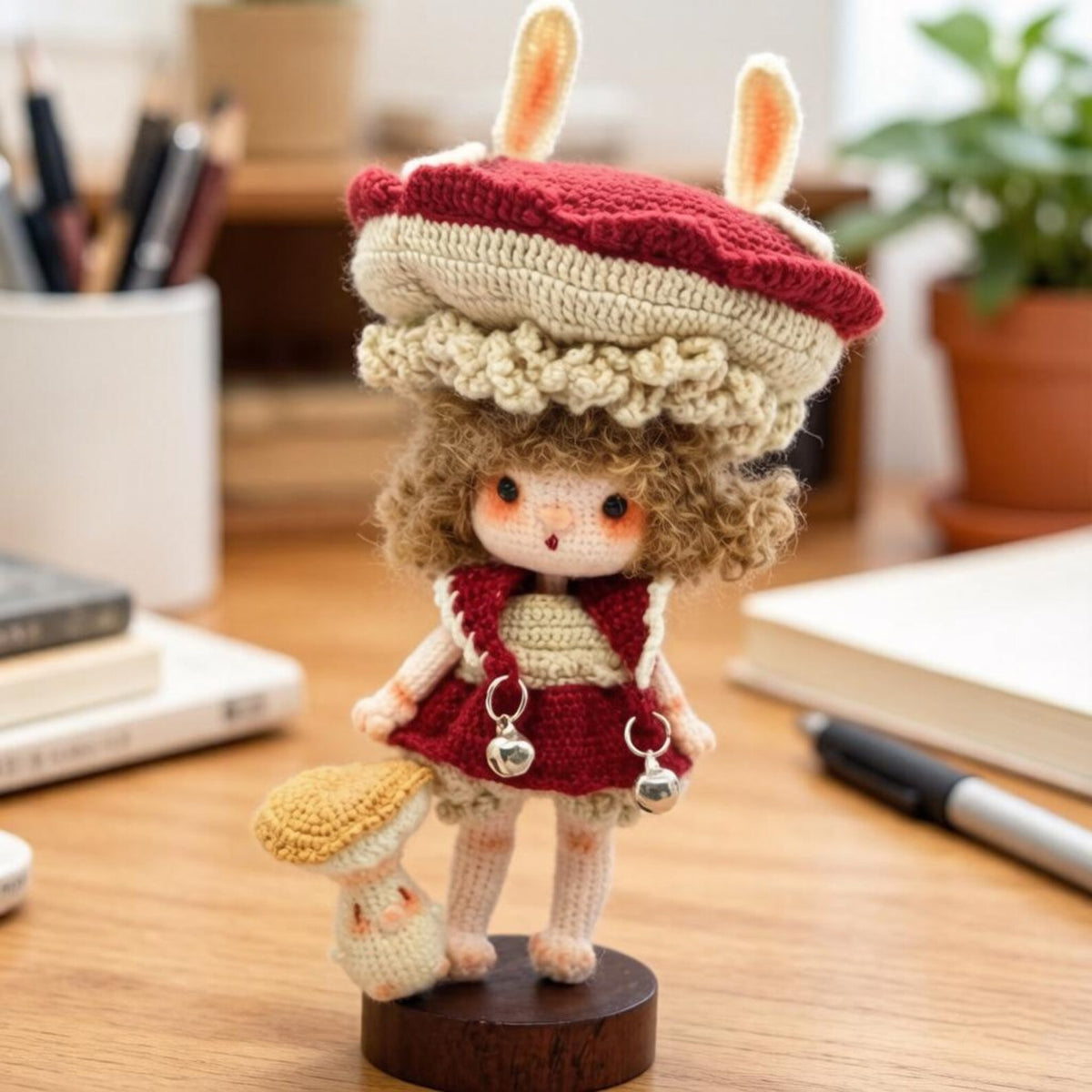 Hand Knit Mushroom Girl Figurine Tabletop Household Accents Vintage Curios Sentimental Tokens Celebration Mementos Christmas Festive Goods