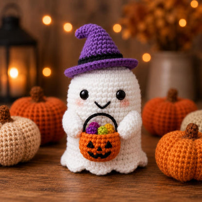 Spooky Cute Crochet Ghost, Halloween Tiered Tray Decor, Amigurumi Ghost Desk Pet, Fall Boo Basket Gift, Cute Witch Hat Autumn Decor