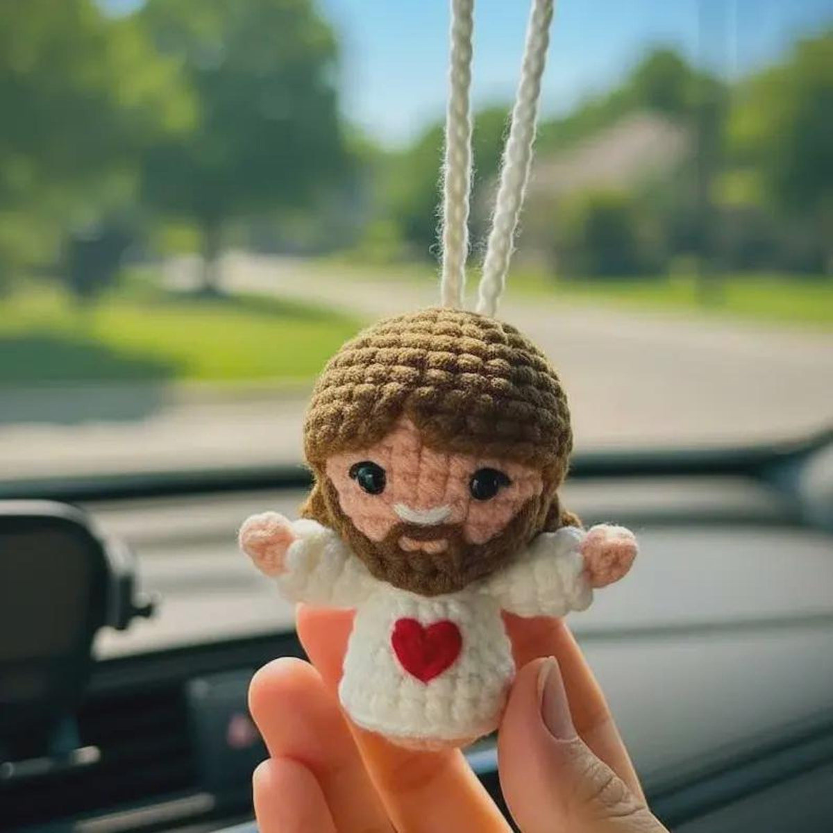 Sacred Heart Jesus Car Hanging, Crochet Rearview Mirror Charm, Handmade Catholic Car Ornament, Christian Driver Gift