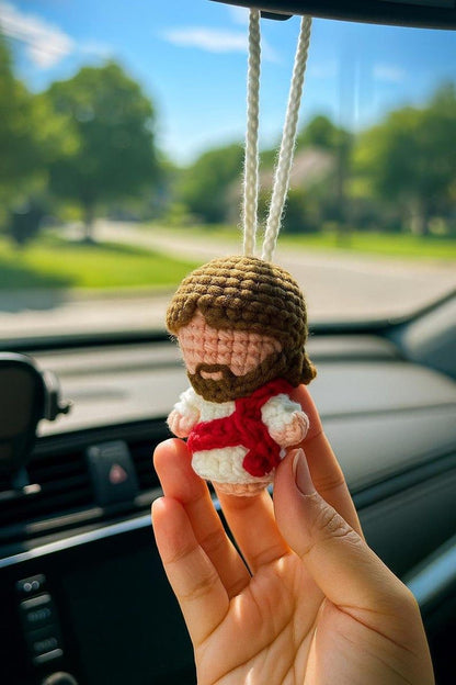 Sacred Heart Jesus Car Hanging, Crochet Rearview Mirror Charm, Handmade Catholic Car Ornament, Christian Driver Gift