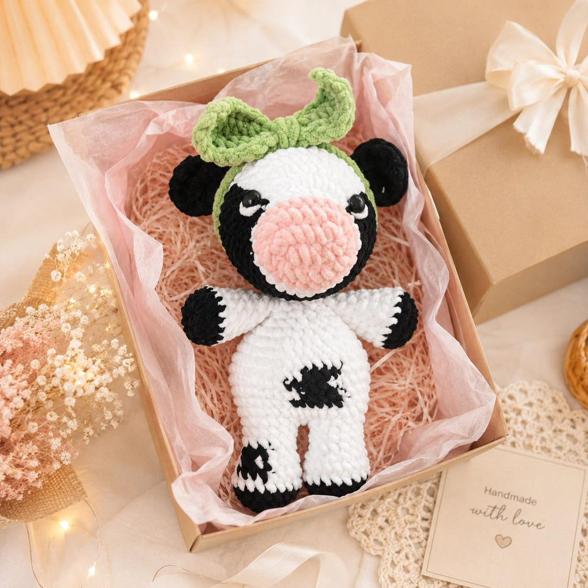Crochet Cow Plush, Floppy Amigurumi Cow Lovey, Unstuffed Body Farm Animal Toy, Custom Bow Cow Doll, Nursery Decor, Cute Cow Lover Gift