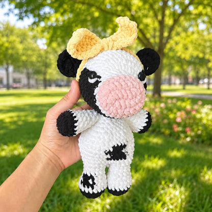 Crochet Cow Plush, Floppy Amigurumi Cow Lovey, Unstuffed Body Farm Animal Toy, Custom Bow Cow Doll, Nursery Decor, Cute Cow Lover Gift
