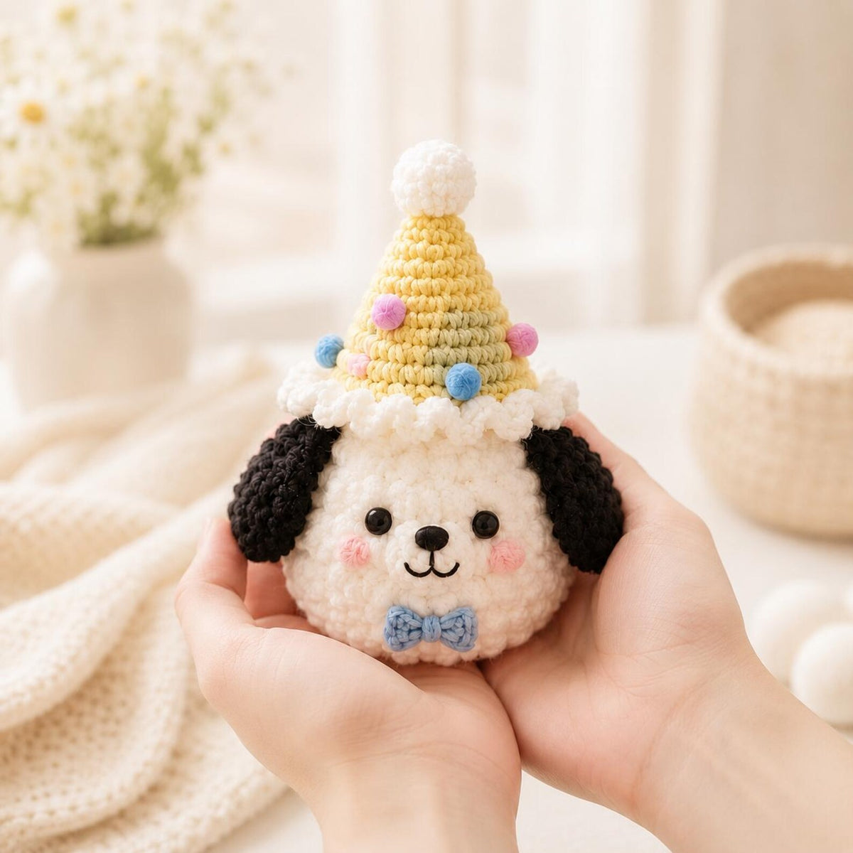 Crochet Birthday Animals, Amigurumi Party Bear Dog Pig with Hats, Kawaii Birthday Gift for Kids,Tiny Stuffed Animal, Party Favor,Cake Topper