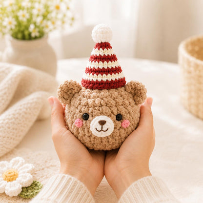 Crochet Birthday Animals, Amigurumi Party Bear Dog Pig with Hats, Kawaii Birthday Gift for Kids,Tiny Stuffed Animal, Party Favor,Cake Topper