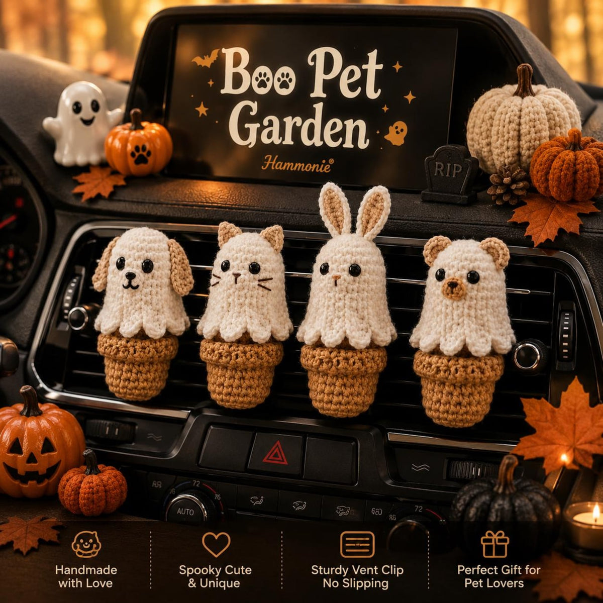 Halloween Crochet Car Vent Clips, Cute Car Accessories Decor, Ghost Dog Cat Bunny Bear Vent Clip, Handmade Pet Lover Gift, Spooky Car Charm