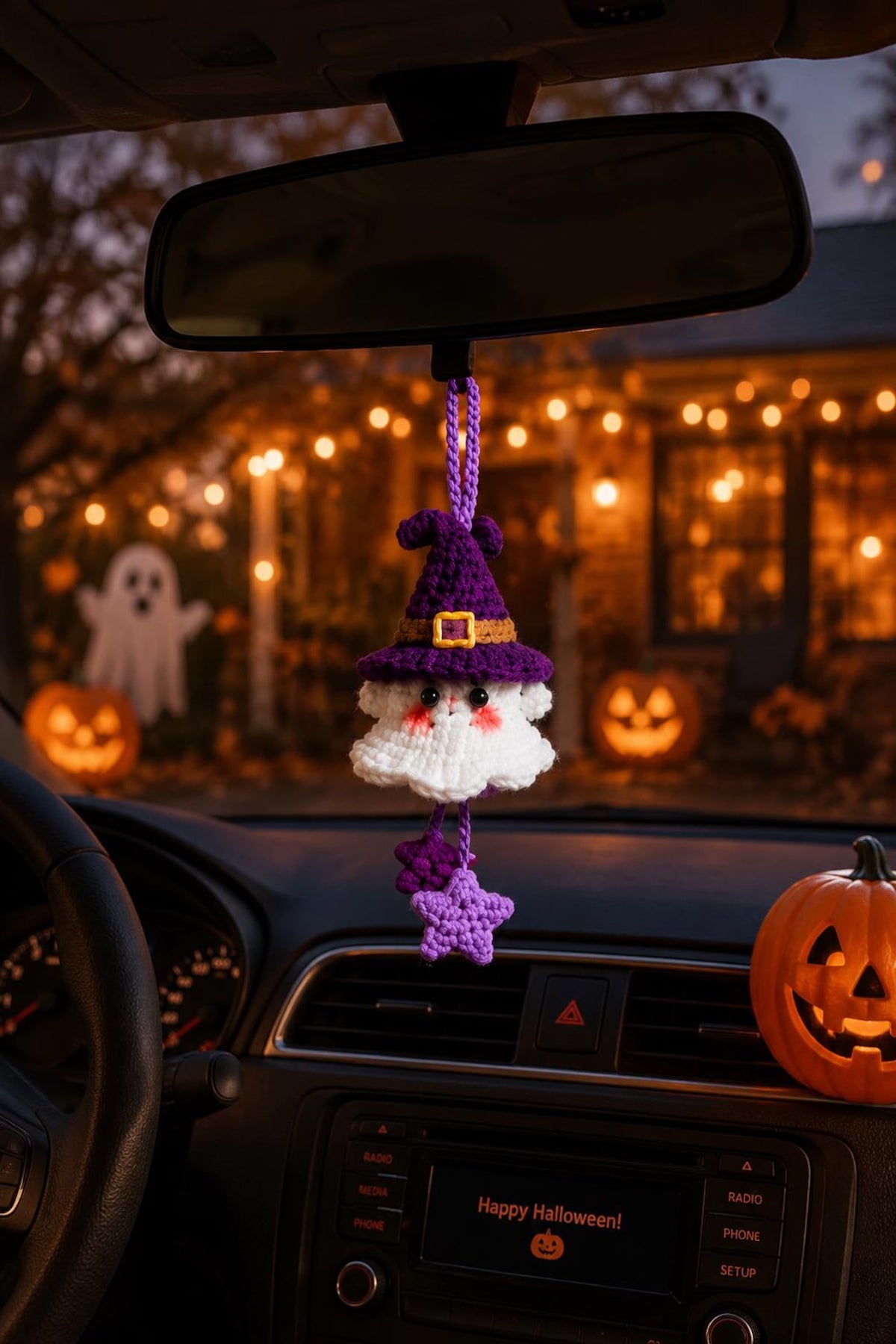 Halloween 2026 Crochet Ghost Car Charm, Handmade Mirror Accessory, Cute Spooky Car Decor, Amigurumi Ghost Hanging, Handmade Amigurumi Ghost