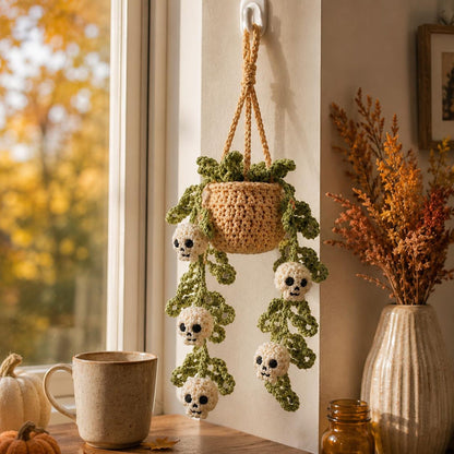 Halloween Crochet Car Hanging Plant, Skull Car Charm Hanging, Spooky Car Decor, Handmade Plant Car Accessories Gift