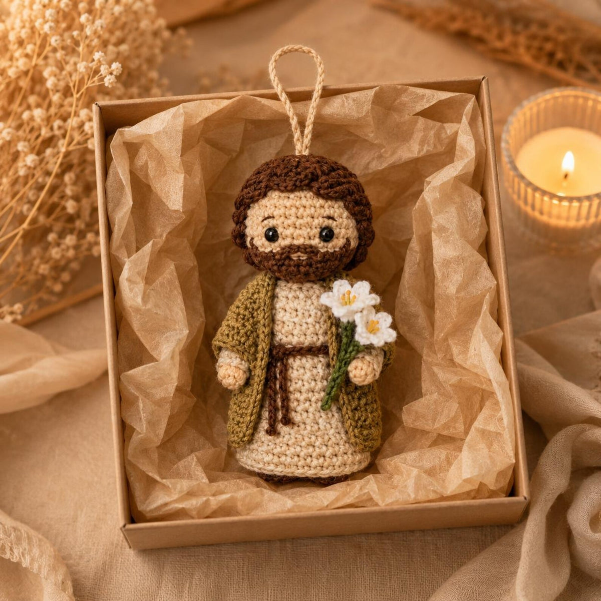 Saint Joseph Crochet Doll, Catholic Altar Decor or Car Hanging, Handmade Religious Gift for Dad, Home Prayer Figure