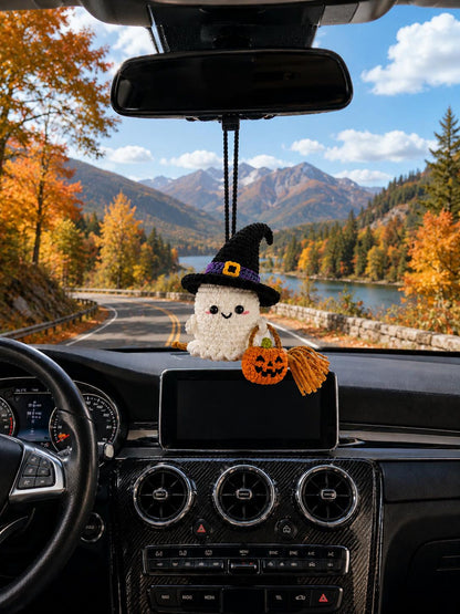Crochet Ghost Car Charm: Handmade Halloween Mirror Accessory, Cute Witch Ghost Rearview Mirror Hanging, Amigurumi Ghost Ornament