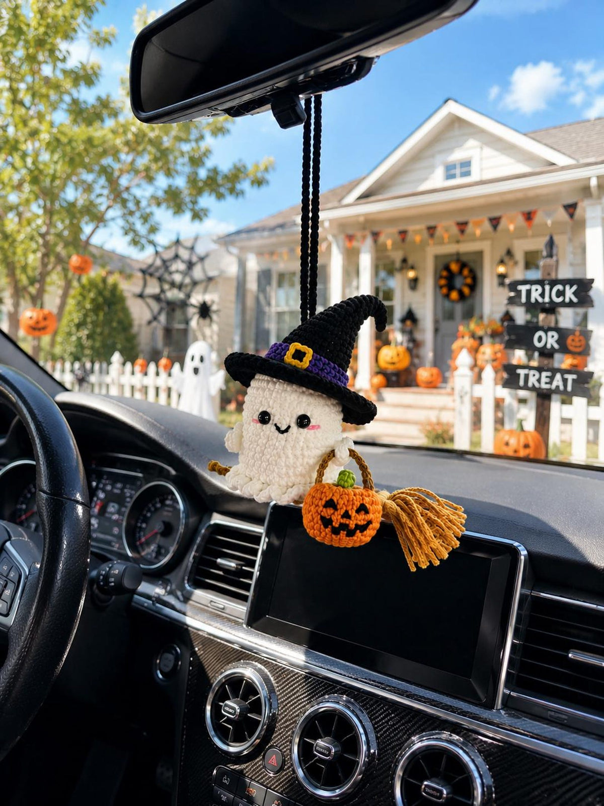 Crochet Ghost Car Charm: Handmade Halloween Mirror Accessory, Cute Witch Ghost Rearview Mirror Hanging, Amigurumi Ghost Ornament
