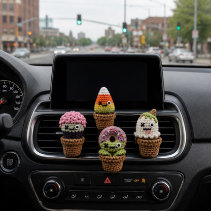 Halloween Crochet Car Vent Clip, Zombie Dessert Garden Car Decor, Cute Cupcake Candy Corn Donut Ghost Vent Clip, Handmade Spooky Car Charm