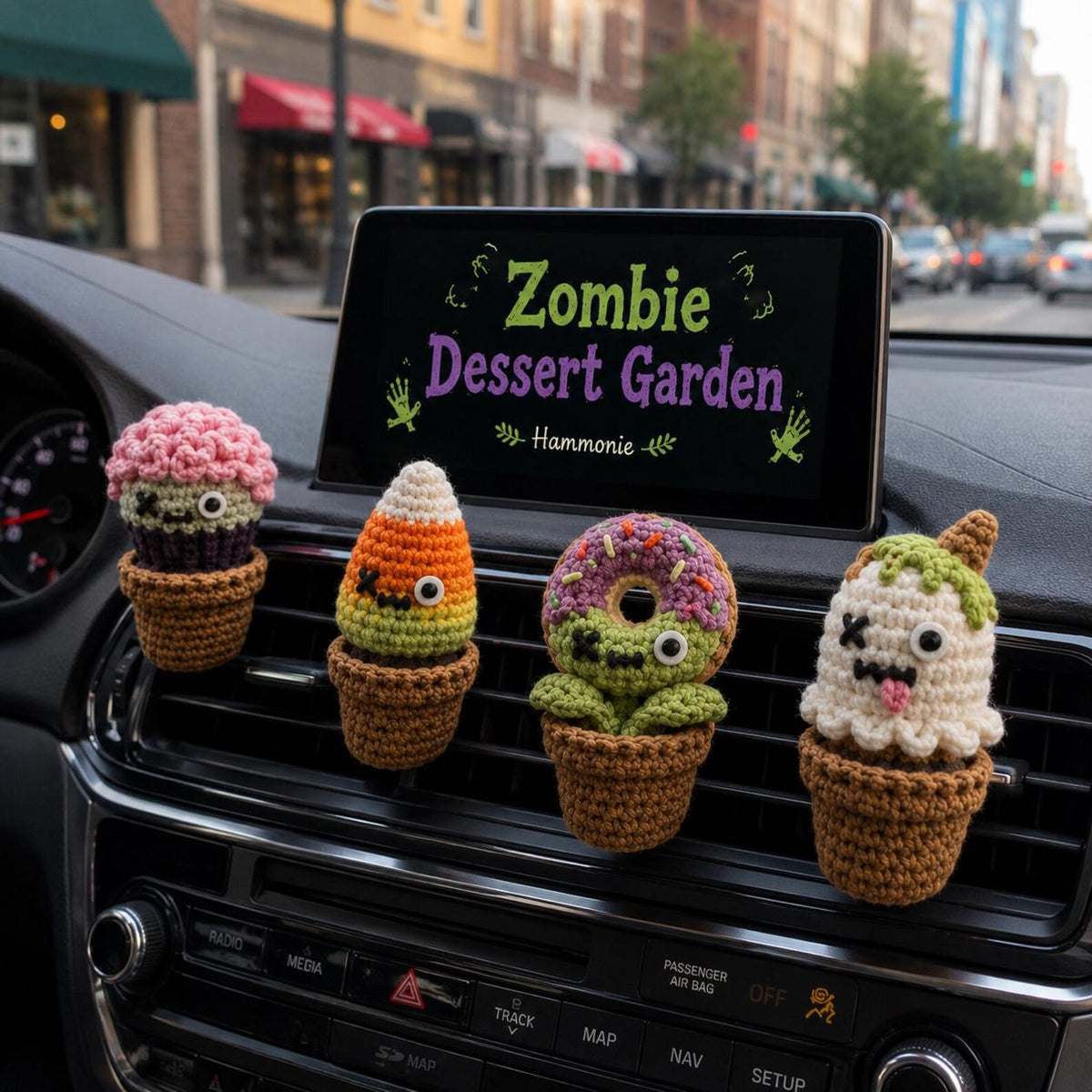 Halloween Crochet Car Vent Clip, Zombie Dessert Garden Car Decor, Cute Cupcake Candy Corn Donut Ghost Vent Clip, Handmade Spooky Car Charm