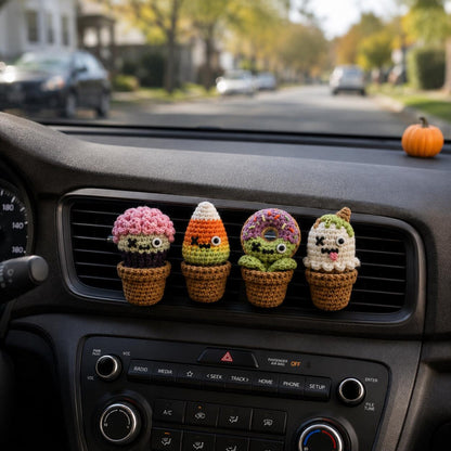 Halloween Crochet Car Vent Clip, Zombie Dessert Garden Car Decor, Cute Cupcake Candy Corn Donut Ghost Vent Clip, Handmade Spooky Car Charm