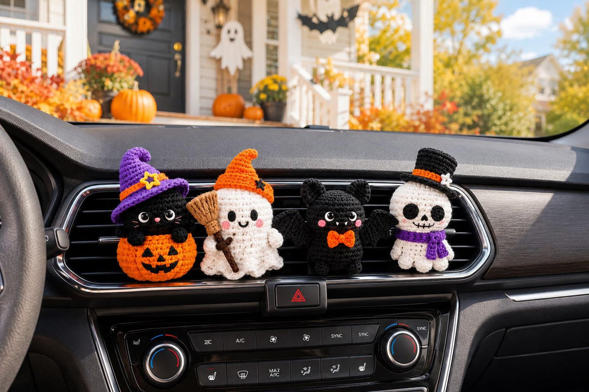 Halloween Crochet Car Vent Clip, Cute Car Decor,Plant Lover Gift,Cute Halloween Amigurumi Plush,Black Cat Ghost Bat Skeleton Car Accessories