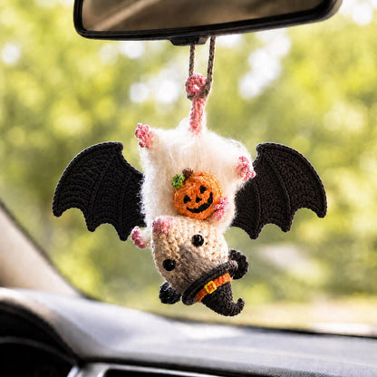 Halloween Possum Rearview Mirror Accessory, Crochet Opossum Car Charm, Spooky Bat Car Ornament, Funny Car Decoration, Goth Gift Idea