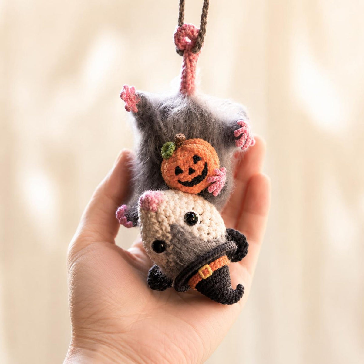 Halloween Possum Rearview Mirror Accessory, Crochet Opossum Car Charm, Spooky Bat Car Ornament, Funny Car Decoration, Goth Gift Idea