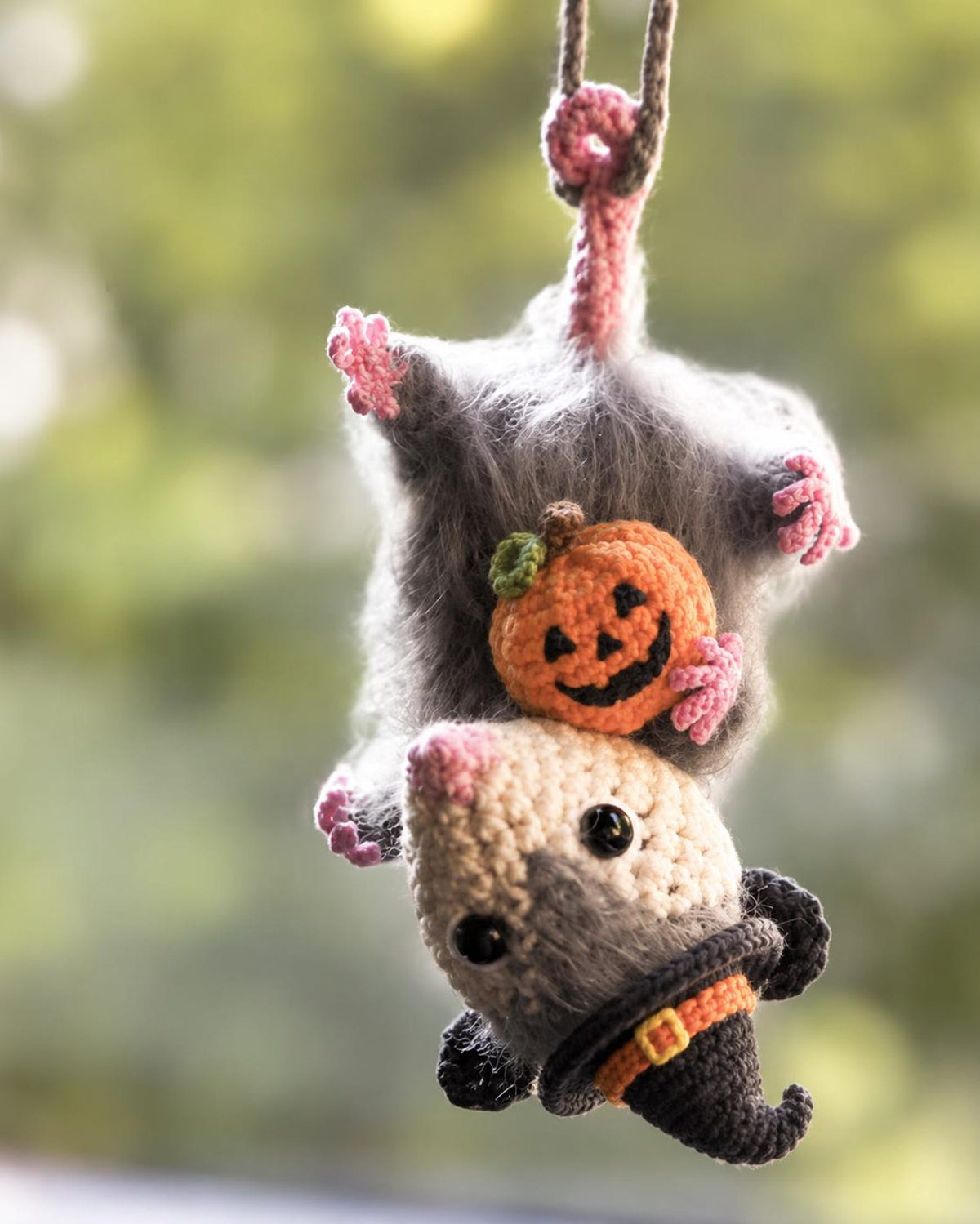 Halloween Possum Rearview Mirror Accessory, Crochet Opossum Car Charm, Spooky Bat Car Ornament, Funny Car Decoration, Goth Gift Idea