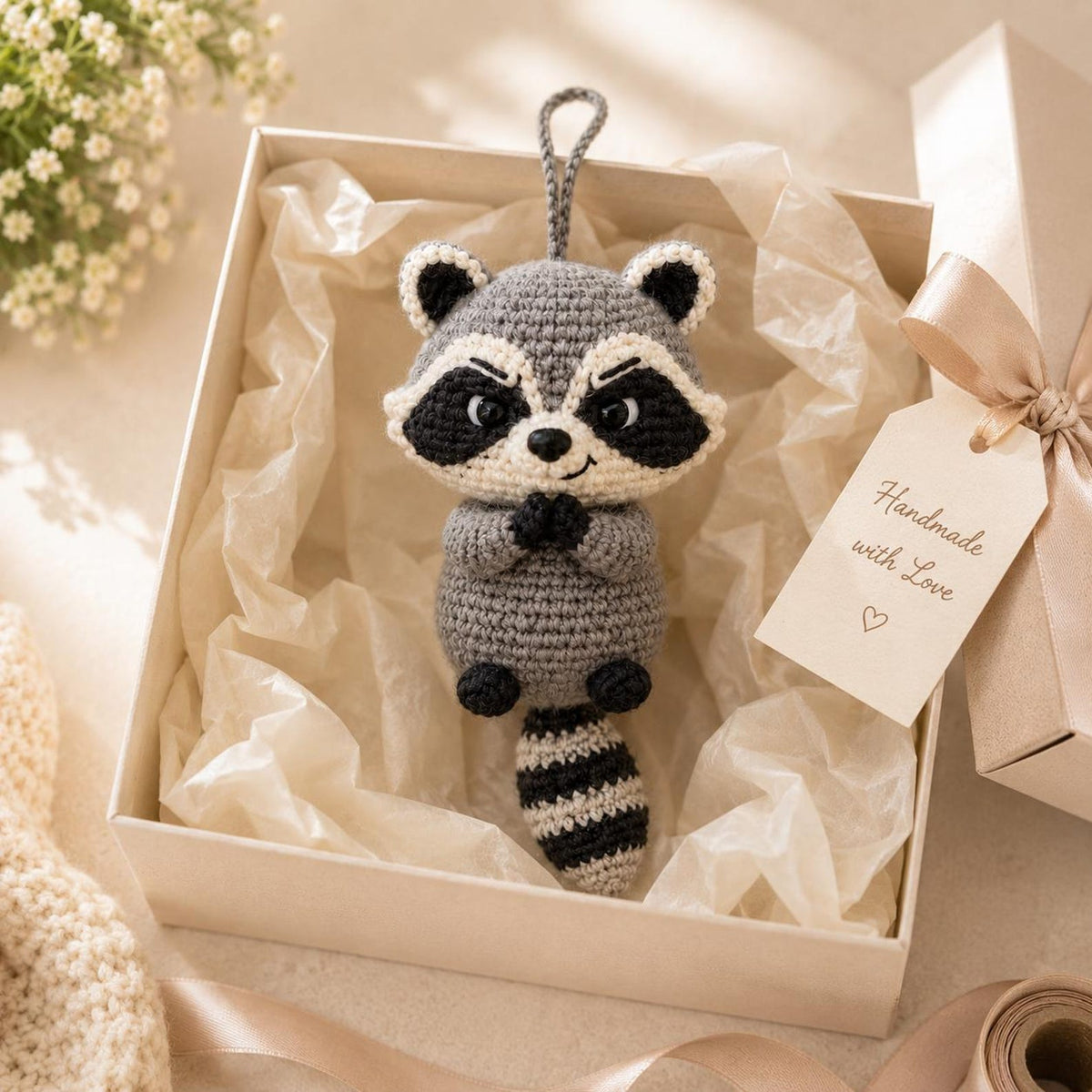 Crochet Raccoon Car Charm, Cute Trash Panda Rearview Mirror Accessory, Funny Animal Car Ornament, New Driver Gift, Backpack Hanging Decor