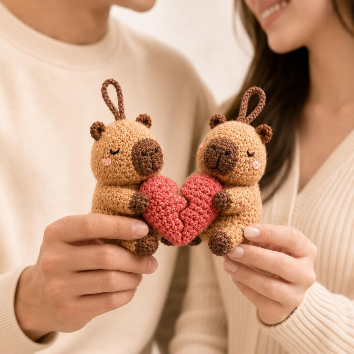 Crochet Capybara Couples Plush, Amigurumi Chillest Animal Stuffed Toy, Valentines Gift, Anniversary Love Heart Gift, Boho Room Decor