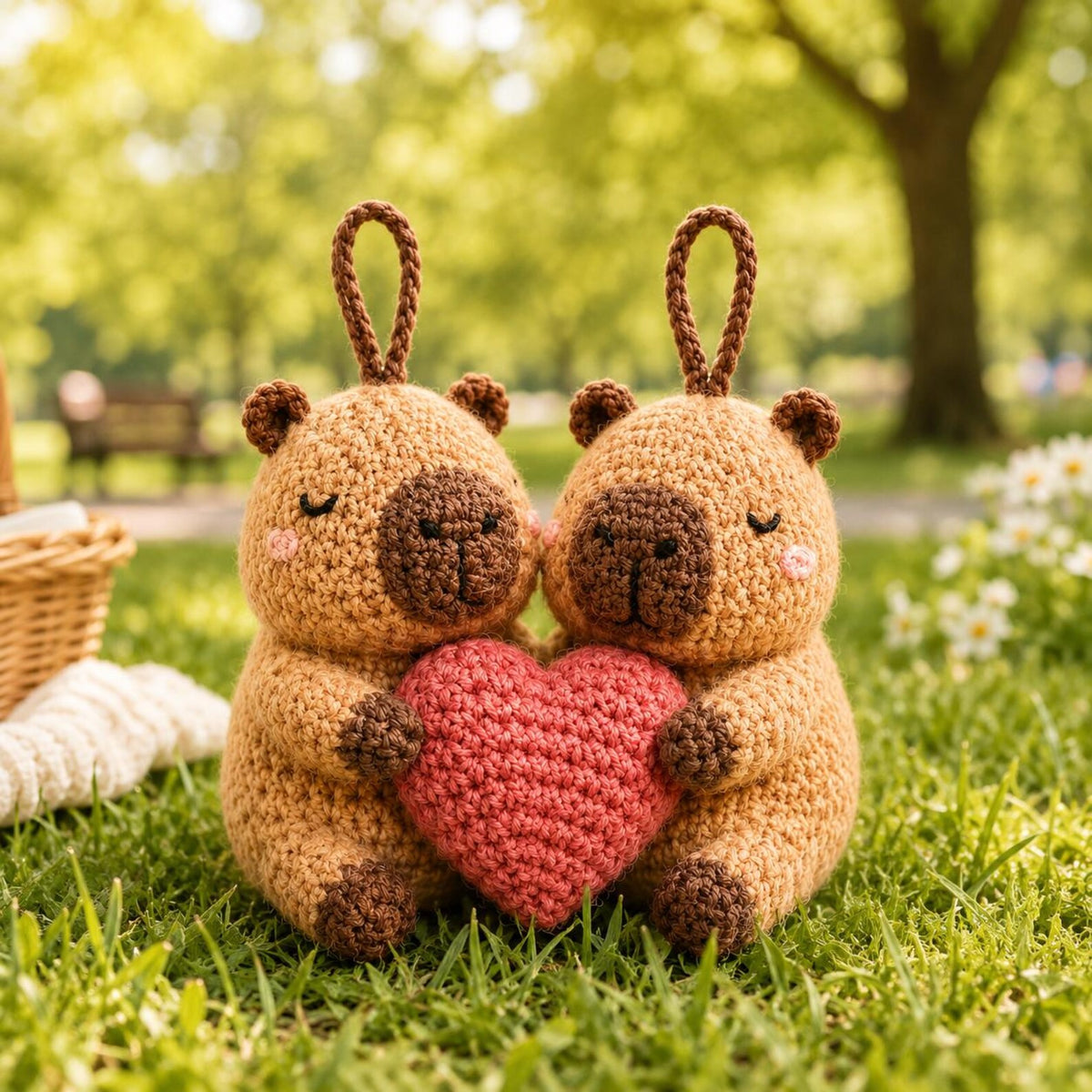 Crochet Capybara Couples Plush, Amigurumi Chillest Animal Stuffed Toy, Valentines Gift, Anniversary Love Heart Gift, Boho Room Decor