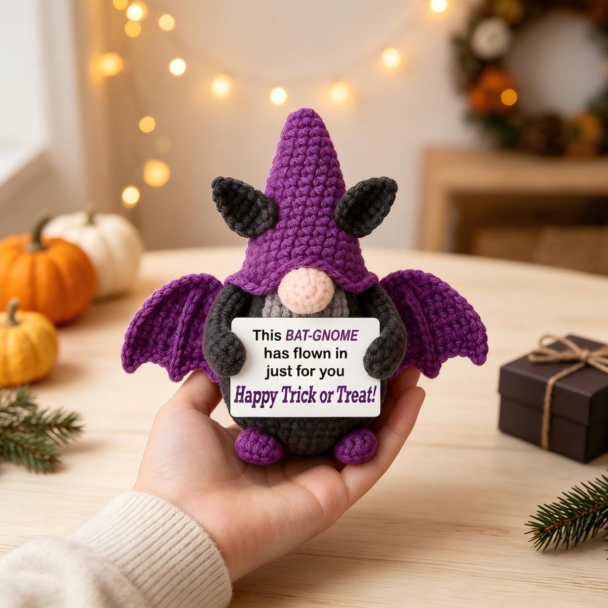 Handmade Crochet Bat Gnome Plush, Funny Halloween Coworker Gift, Stress Relief Pocket Hug, Desk Decor